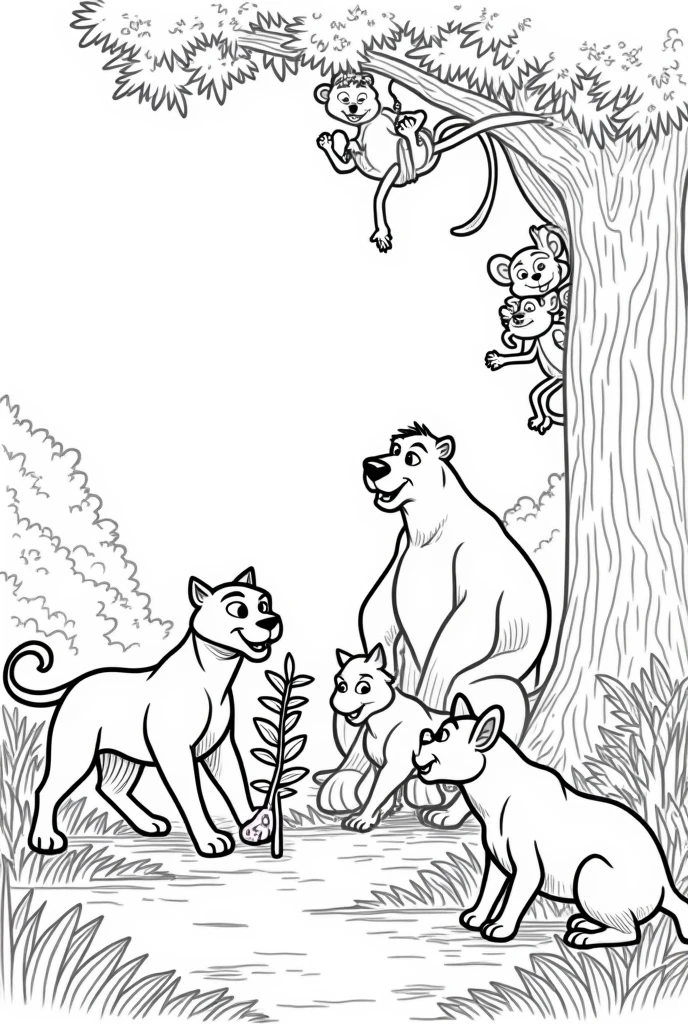 To ask an AI to create a coloring drawing based on the characters of the "Jungle Book", It is important to be very specific in the description to ensure that the drawing includes all the elements you want.. Here is an example of how you could describe the drawing in detail.:
Description of the coloring page:
"I want a detailed, linear black and white drawing to color, inspirado en los personajes del 'Jungle Book'. In the scene, The following characters and elements must appear:
Bagheera: A black panther found in a stalking position, with its curved body, on the left side of the drawing. Bagheera must be on the ground, with a protective and vigilant air.
Baloo: A friendly brown bear, located in the center of the scene, sitting on the floor with a relaxed and smiling expression. Baloo must be holding a branch with leaves.
two wolves: The wolves should be to the right of Baloo, One of them sitting and the other in a standing position. Both should have friendly expressions and be attentive to what is happening..
A snake: The snake should be on the top right, coiled around a high branch of a tree. Must have an intriguing expression, Looking down, where are the other characters.
Monkeys: There must be at least two monkeys hanging from the tree branches at the top of the drawing.. Monkeys should appear playful and moving., with their tails tangled in the branches.
The background should include trees and jungle vegetation., but in a simple way so that it does not compete with the main characters. Make sure the details are clear enough to make it easy to color.."
