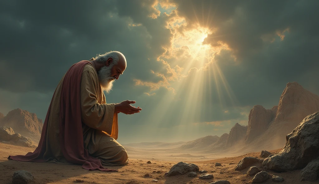 A deeply emotional biblical scene showing Job in a state of mourning and humility. He is depicted on his knees, with his face to the ground, in an arid landscape, his garments torn, and his head shaved as a sign of grief. The surrounding area is barren, reflecting the desolation he feels. Despite the overwhelming loss, Job is shown in a posture of worship, hands spread out as he prays. The sky above is a mix of dark clouds and a small ray of light, symbolizing his unwavering faith in God even in the midst of profound suffering, as described in the story of Job. cabeça raspada e barba branca roupa rasgada e suja de costa para o sol
