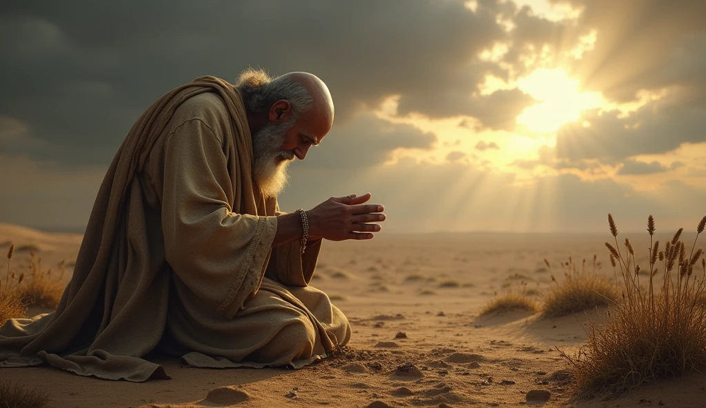 A deeply emotional biblical scene showing Job in a state of mourning and humility. He is depicted on his knees, with his face to the ground, in an arid landscape, his garments torn, and his head shaved as a sign of grief. The surrounding area is barren, reflecting the desolation he feels. Despite the overwhelming loss, Job is shown in a posture of worship, hands spread out as he prays. The sky above is a mix of dark clouds and a small ray of light, symbolizing his unwavering faith in God even in the midst of profound suffering, as described in the story of Job. cabeça raspada e barba branca roupa rasgada e suja de costa para o sol
