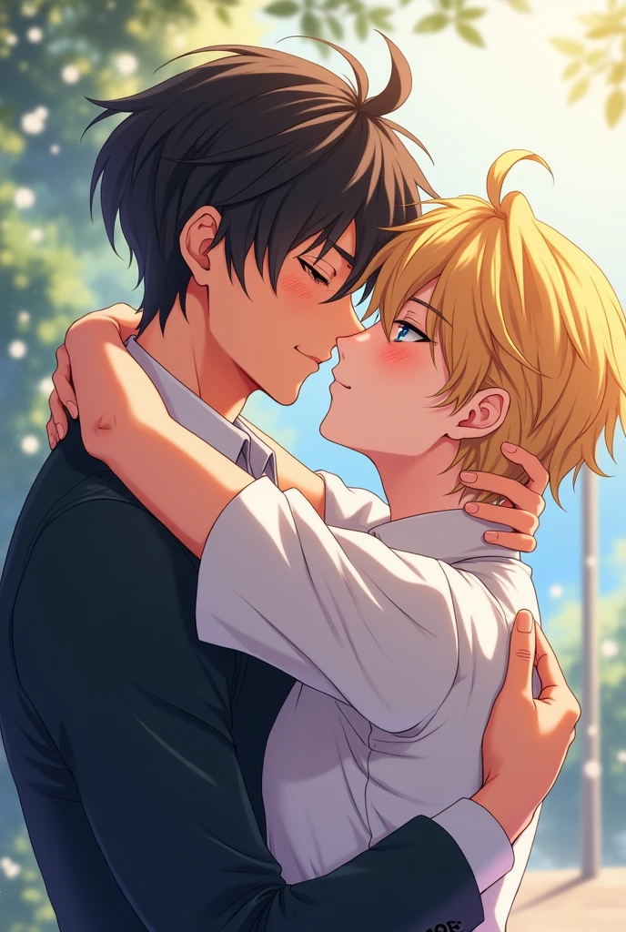 [Bl anime style]
Aleo: Blonde guy, ocean blue eyes.
Julian: Black hair man, Gold eyes, more tall than Aleo, dominant.

They're kissing.