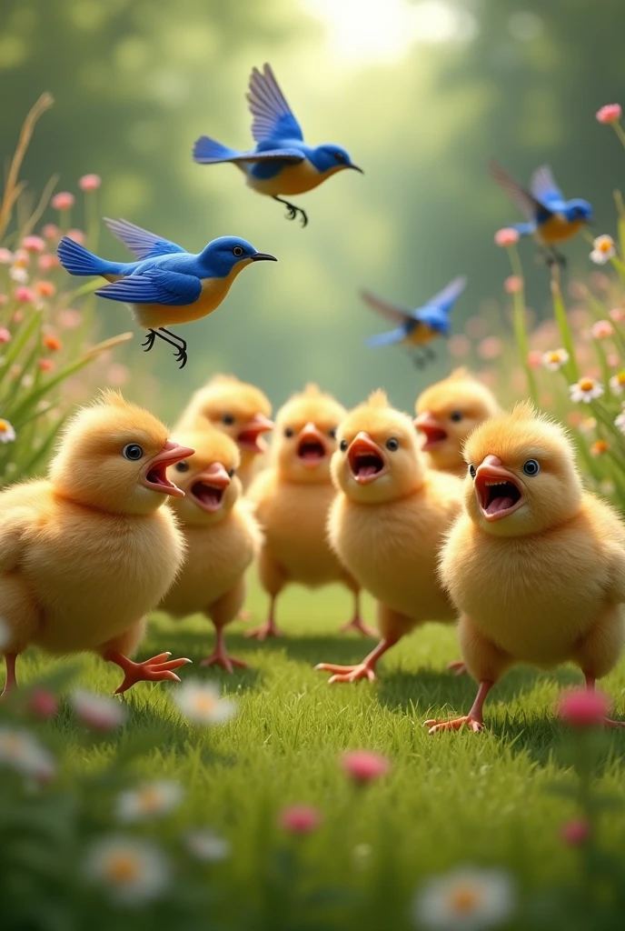 Angry chicks making the bluebirds run away  