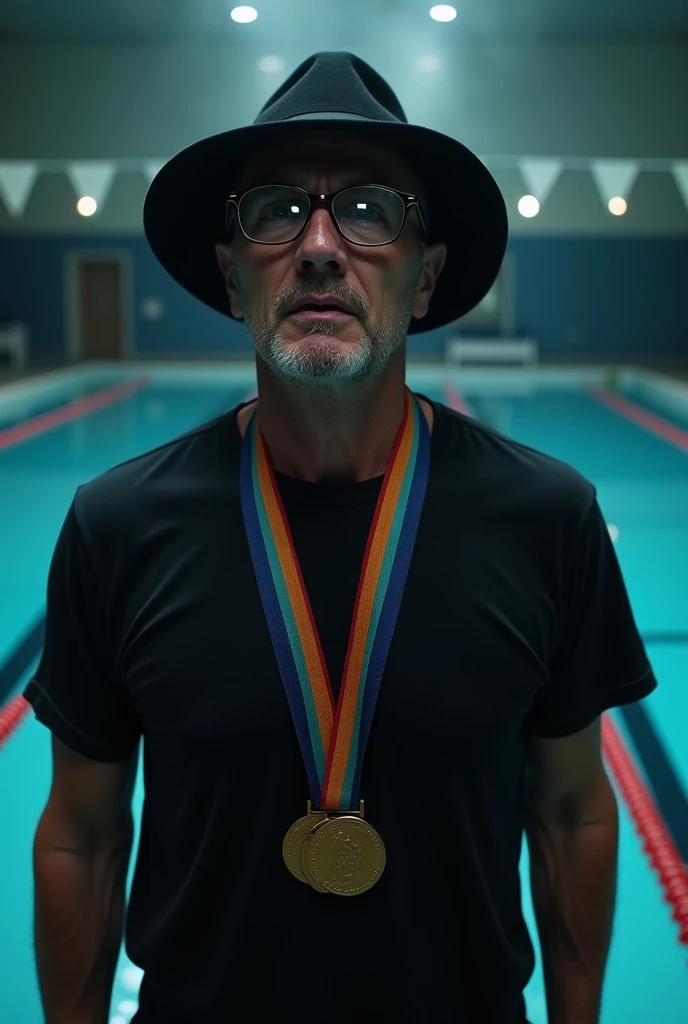 A 16:9 aspect ratio YouTube thumbnail with a cinematic atmosphere of a man wearing glasses, crying for help, wearing a black hat and black shirt. He has a necklace with twenty Olympic medals. He is standing in front of an indoor pool. The background includes the pool with clear water, reflecting the gloomy atmosphere. The overall image has dark, soft lighting, highlighting the man's facial features. The “Joel Jota” text is subtly integrated into the scene, ensuring that it does not divert visual focus from the man and the pool.

