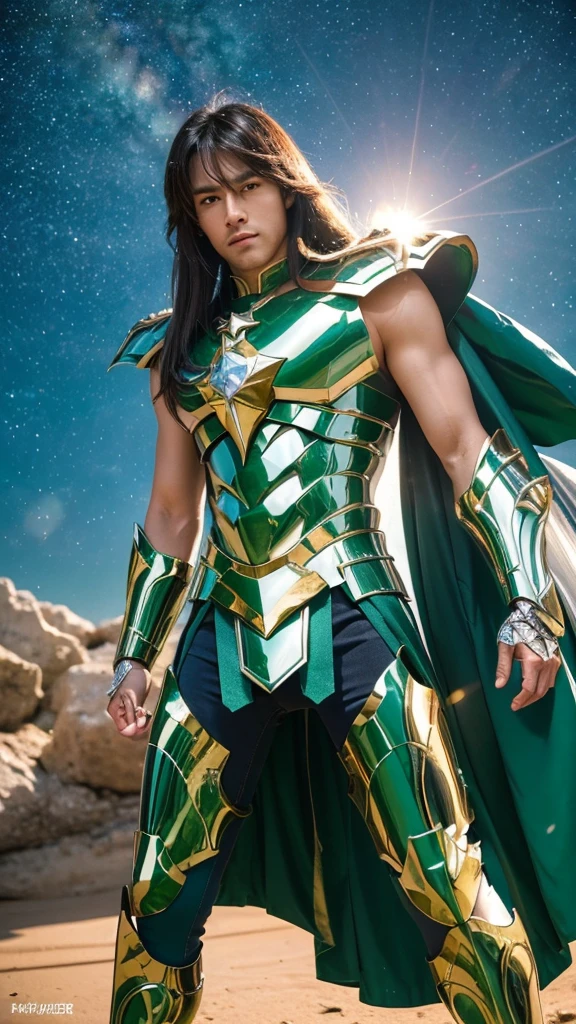 hyper realistic ultra detailed photograph of a handsome man photorealistic shaka at , (tmasterpiece), full body photo, (best quality), (1 handsome man), starry sky background, Wearing shiny armor, armor type armor shows details of your muscles, showing the belt, showing the armor thigh protector, cool pose, Saint Seiya Armor, messy hair, high detail, Anime style, Cinematic lighting, Glitter, god light, Ray traching, filmgrain, hyper HD, skin texture, super detail, Anatomically correct, High resolution, Saturation ultra-high, High contrast, High-shiny green armor, Smooth skin, Serious expression. realistic. 8k