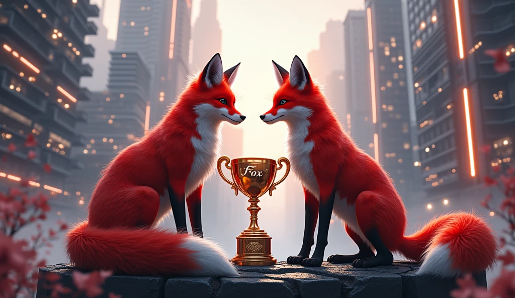 DOMINANT FOXES IN A FUTURISTIC URBAN PLACE, A CHAMPION CUP WITH THE NAME FOX