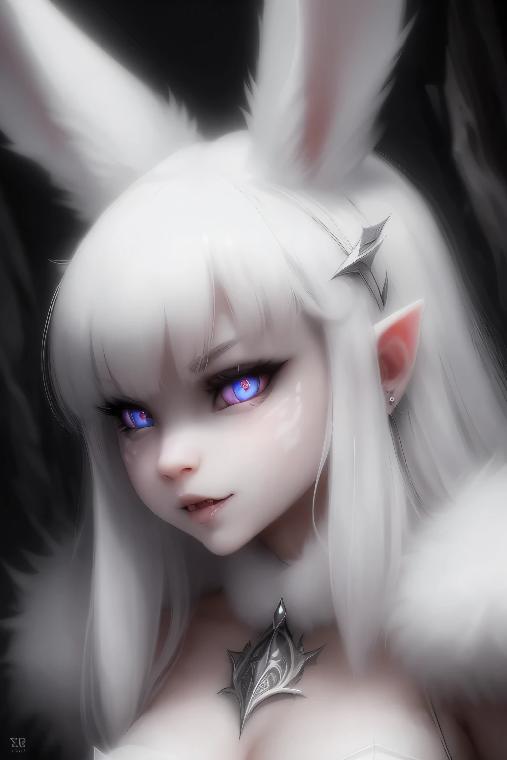 a cute but evil looking female white bunny, detailed bunny face, piercing eyes, sharp fangs, fluffy white fur, mischievous expression, detailed intricate patterns, fantasy, dark fantasy, digital art, highly detailed, 8k, photorealistic, cinematic lighting, dramatic shadows, moody atmosphere