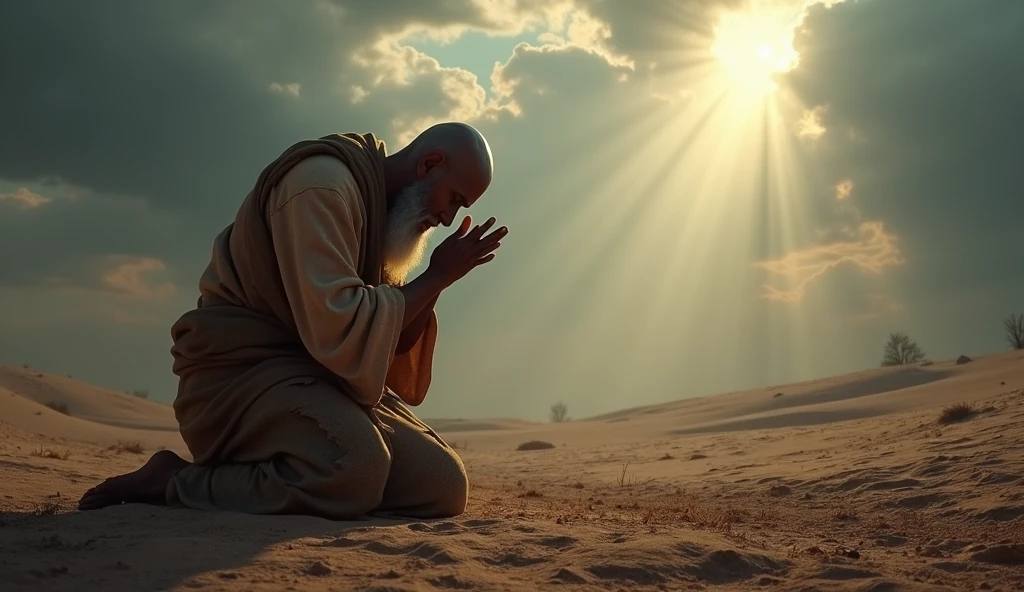 A deeply emotional biblical scene showing Job in a state of mourning and humility. He is depicted on his knees, with his face to the ground, in an arid landscape, his garments torn, and his head shaved as a sign of grief. The surrounding area is barren, reflecting the desolation he feels. Despite the overwhelming loss, Job is shown in a posture of worship, hands spread out as he prays. The sky above is a mix of dark clouds and a small ray of light, symbolizing his unwavering faith in God even in the midst of profound suffering, as described in the story of Job. cabeça raspada e barba branca roupa rasgada e suja de costa para o sol