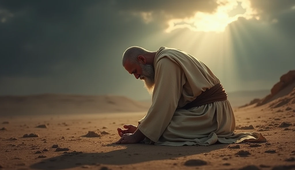 A deeply emotional biblical scene showing Job in a state of mourning and humility. He is depicted on his knees, with his face to the ground, in an arid landscape, his garments torn, and his head shaved as a sign of grief. The surrounding area is barren, reflecting the desolation he feels. Despite the overwhelming loss, Job is shown in a posture of worship, hands spread out as he prays. The sky above is a mix of dark clouds and a small ray of light, symbolizing his unwavering faith in God even in the midst of profound suffering, as described in the story of Job. cabeça raspada e barba branca roupa rasgada e suja de costa para o sol