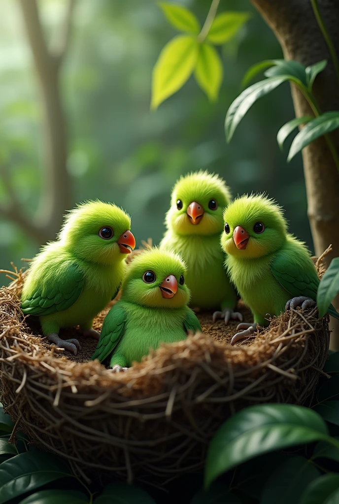 Four green parrot chicks watch their mother die with an arrow before taking them to the nest 