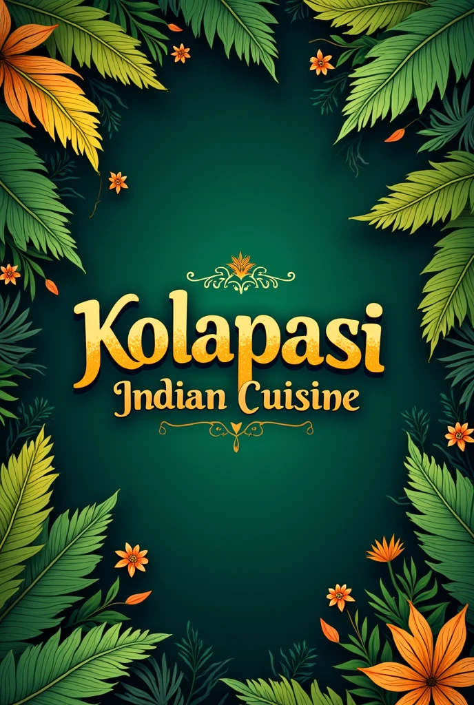 Banana leaf background and the restaurant name Kolapasi Indian Cuisine and a logo for the restaurant