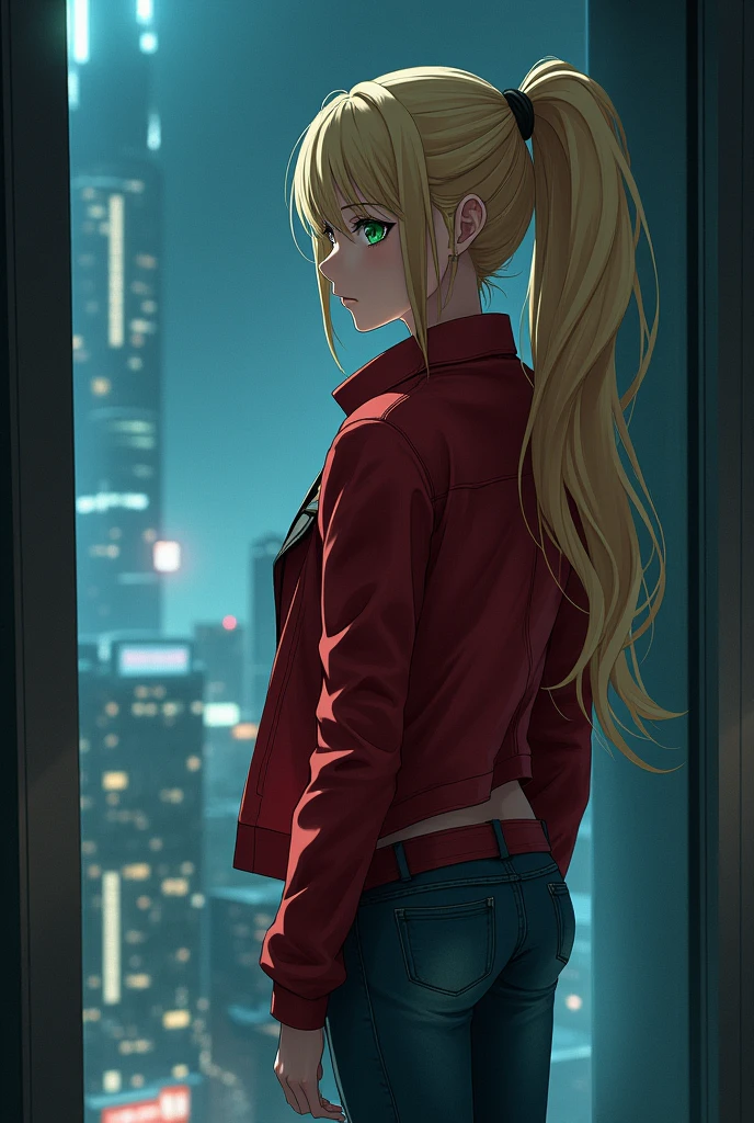 a sexy girl, with BLONDE hair, She is in the city, and is wearing a red jacket open over a WHITE BODY, Blonde with bangs, Blue eyes, visible nipple, view from behind sitting