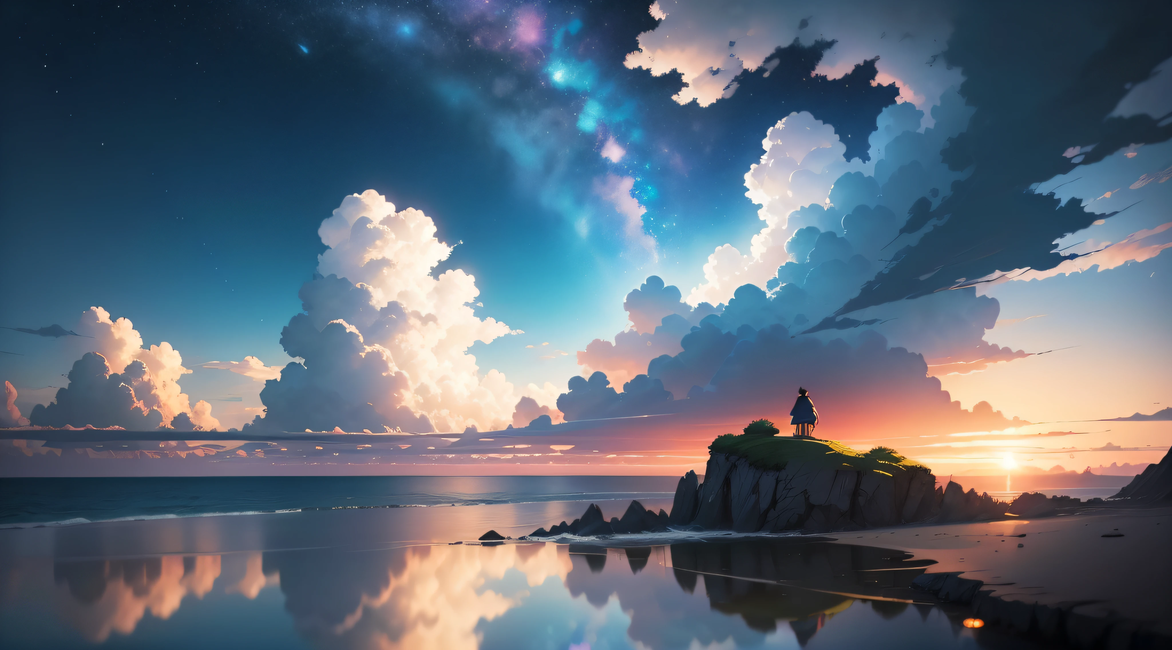 There is a picture of the sky,There are clouds and stars,space sky。author:Shinkai Makoto挚、Anime sky、Animation Cloud、Blue Ocean。Shinkai Makoto挚,Shinkai Makoto的风格,Shinkai Makoto的风格,The Lost Lands。Inspired by landscape backgrounds,Shinkai Makoto挚,Shinkai Makoto挚。- H 2160,summer,Shinkai Makoto概念艺术,tumbler,Magical Realism,Beautiful anime scene,Beautiful sky。Shinkai Makoto挚,(author:Shinkai Makoto)),Anime Background艺术,Anime Background,Shinkai Makoto的风格,Anime movie background,Large target,unmanned