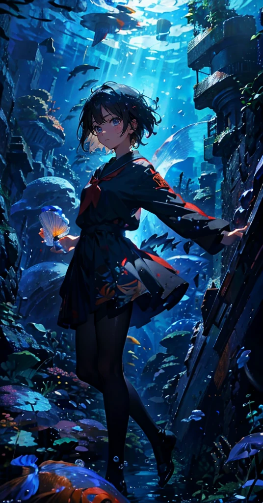 (The pieces fly), (Highest quality), Very detailed, (1 person:1.4), Solo full body shot, Perfect Face, beautiful girl, Very detailed顔,(Black short hair:1.5),(blue eyes:1.4),(float:1.4),(Underwater:1.4),(float:1.3),seabed,Fish school,Light,jellyfish,Seaweed,Red fish,Yellow fish,deep sea,Fantasy