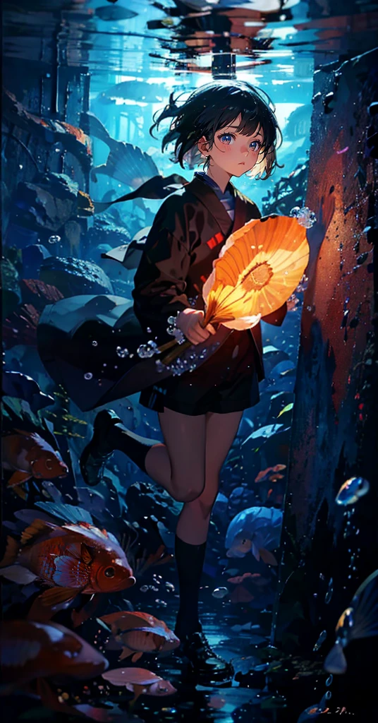(The pieces fly), (Highest quality), Very detailed, (1 person:1.4), Solo full body shot, Perfect Face, beautiful girl, Very detailed顔,(Black short hair:1.5),(blue eyes:1.4),(float:1.4),(Underwater:1.4),(float:1.3),seabed,Fish school,Light,jellyfish,Seaweed,Red fish,Yellow fish,deep sea,Fantasy