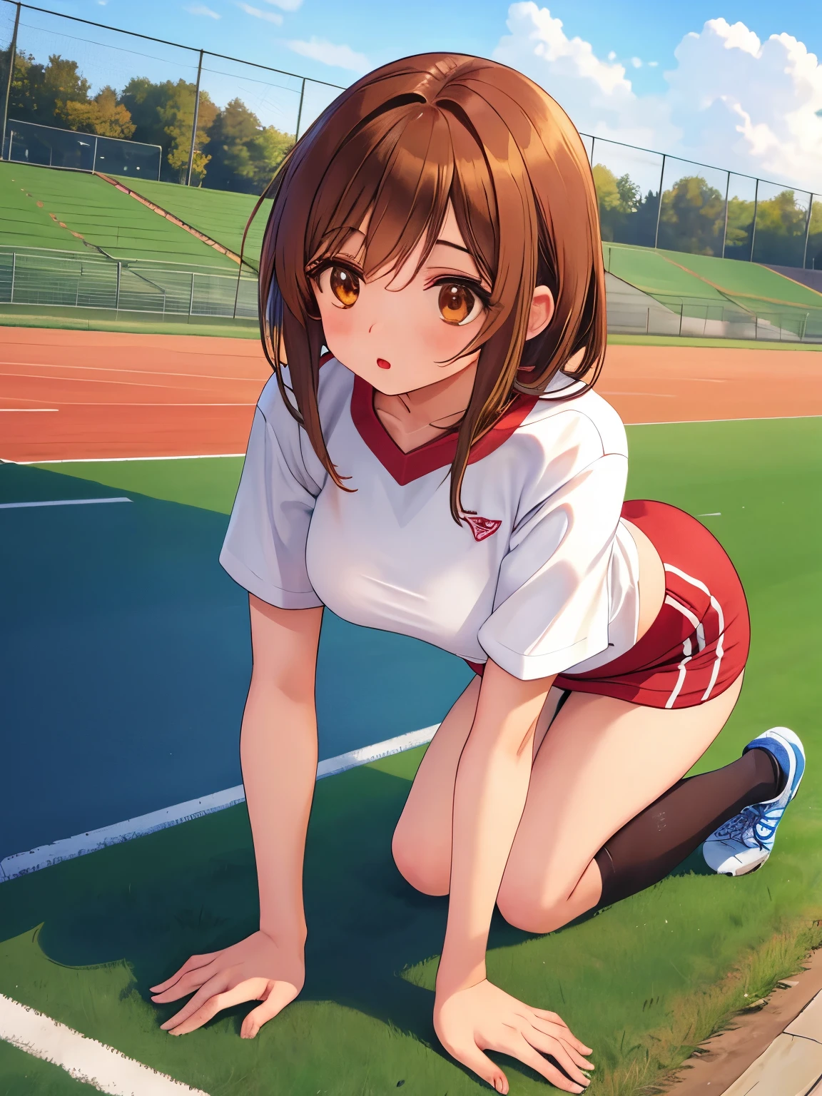 ((4K, masterpiece, highest quality)), 1 girl, anime, Light brown SHRT hair, red eyes, center parted hair, medium breasts, cute, blush, often play sports, morning, Sweat,pleated skirt, underwear, Low - Angle, spread your legs