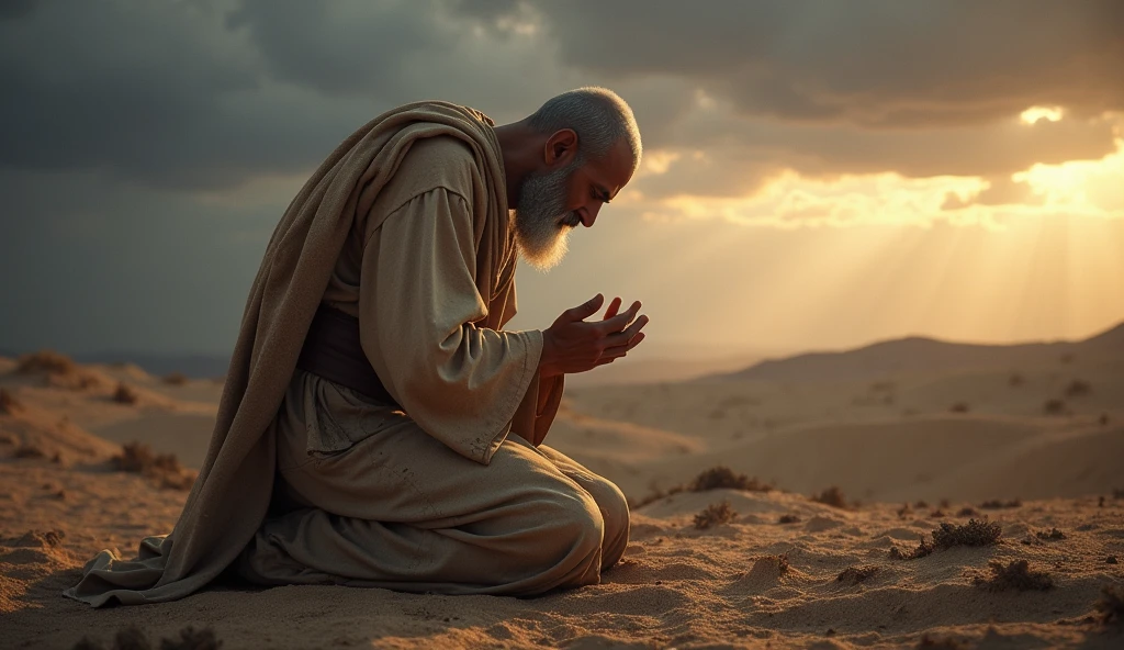 A deeply emotional biblical scene showing Job in a state of mourning and humility. He is depicted on his knees, with his face to the ground, in an arid landscape, his garments torn, and his head shaved as a sign of grief. The surrounding area is barren, reflecting the desolation he feels. Despite the overwhelming loss, Job is shown in a posture of worship, hands spread out as he prays. The sky above is a mix of dark clouds and a small ray of light, symbolizing his unwavering faith in God even in the midst of profound suffering, as described in the story of Job. cabeça raspada e barba branca roupa rasgada e suja de costa para o sol
