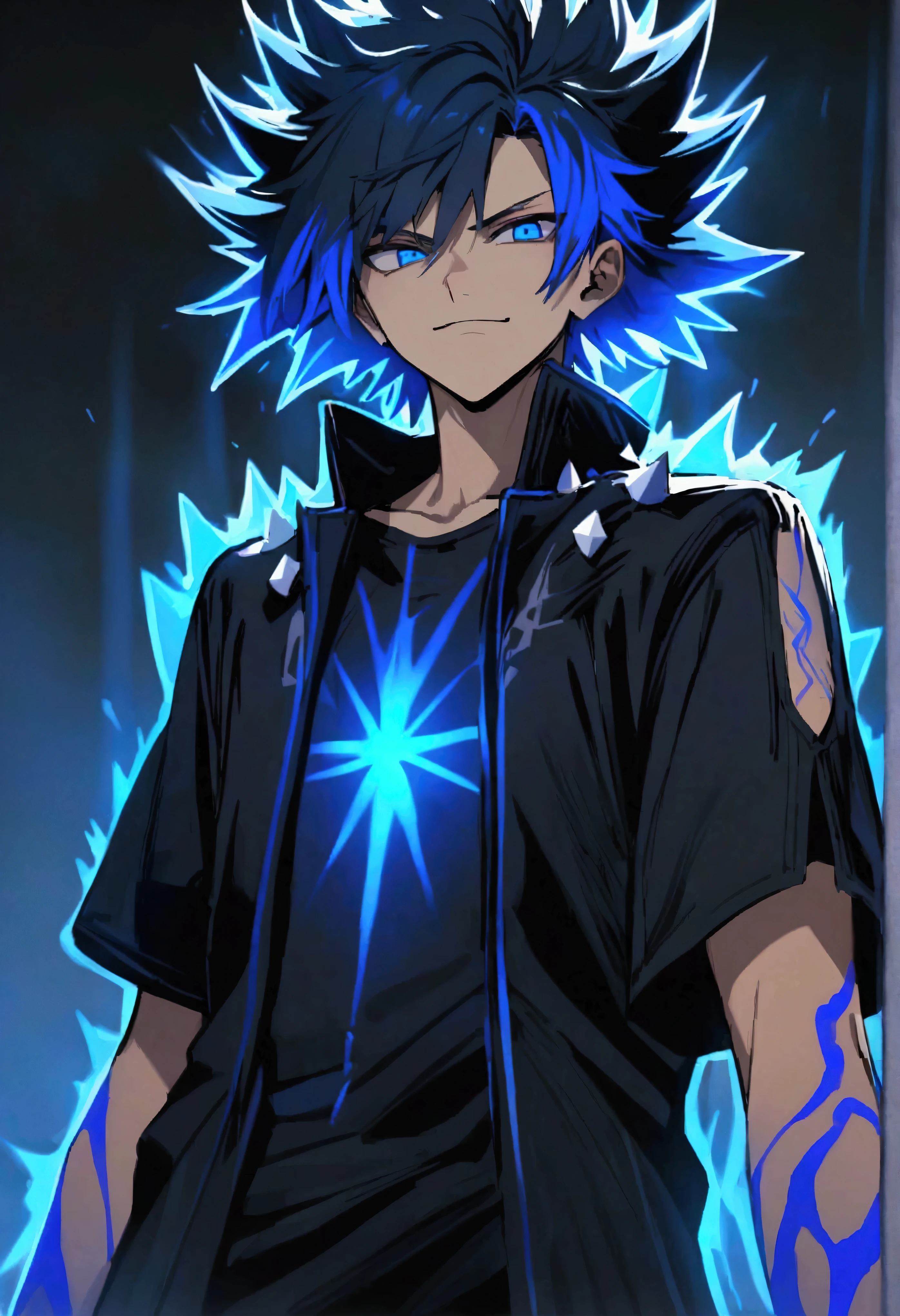 teenage boy, spiky hair, medium length hair, multicolored black and blue hair, blue colored eyes, serious face, simple smile, black jersey, loose dark blue short-sleeved overcoat, blue tattoos on the body, electric aura,