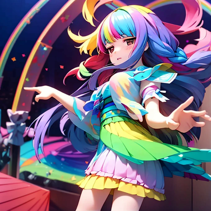 a close up of a person with colorful hair and a Rainbow Colors wig, rainbow hair overlay, Rainbow Colors hair, rainbow hair, Rainbow Colors, colorful hair, Colorful long hair, Kawaii Decoration RainbowCore, colorful braids, Hair coloring, colorful hair, Harajuku hair, cute colorful cute, half & half hair dye, Two-color Hair coloring agent bang dream 4th live, liveQR diagram, hololive, Anime cover, Detailed image, official artwork, game cover, Very detailed BD cover, live concert, Night Core, by Sengai, live, vivid), 2 days, QR diagram, singing, Sleeves, l7m, The album cover!, Use your index finger, visual novel cg, Lingchang
