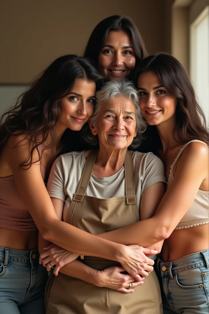 90 year old mom short curly hair height 1.59 light skin color with apron hugging her 4 daughter long wavy hair dark brown hair height 1.65 with strapless blouse