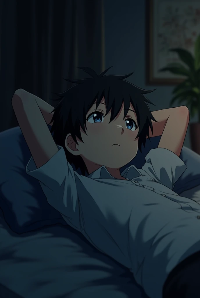 Pensive anime boy lying down with both hands behind his head looking at the ceiling. We can see it clearly and the room is dark.