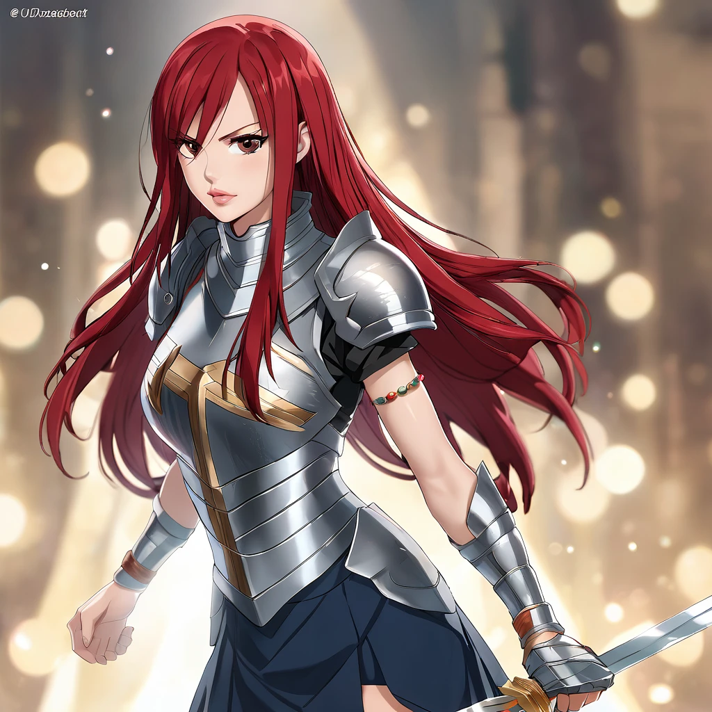 A woman wearing metal armor, wearing a black shirt, navy blue skirt, metal boots, holding a sword, red red hair, long hair, brown eyes, serious face, perfect face, perfect lips, perfect eyes, standing posture, bracelet metal, magic power, Fairy_Tail, Erza_Scarlet.UHD , masterpiece, accurate, anatomically correct, textured skin, super detail, high quality, best quality, 8k, high resolution, bokeh effect.
