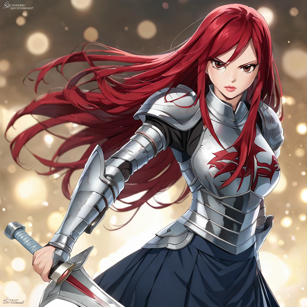 A woman wearing metal armor, wearing a black shirt, navy blue skirt, metal boots, holding a sword, red red hair, long hair, brown eyes, serious face, perfect face, perfect lips, perfect eyes, standing posture, bracelet metal, magic power, Fairy_Tail, Erza_Scarlet.UHD , masterpiece, accurate, anatomically correct, textured skin, super detail, high quality, best quality, 8k, high resolution, bokeh effect.
