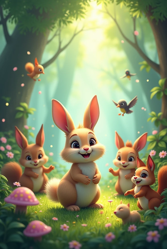 a little bunny and his friends in the magic forest ,joking