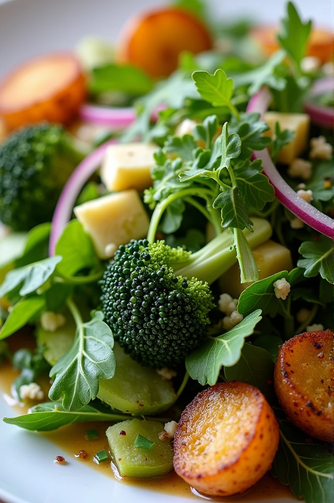 An elegant and colorful dish, featuring a fresh and crisp mix of crisp lettuce, Chinese broccoli, watercress and arugula, combined with thin slices of red onion. All of this is delicately seasoned with a mild balsamic dressing.. Serve with crispy, golden bruchesse potatoes, that add an irresistible texture to the ensemble. Perfect for a light and sophisticated meal.