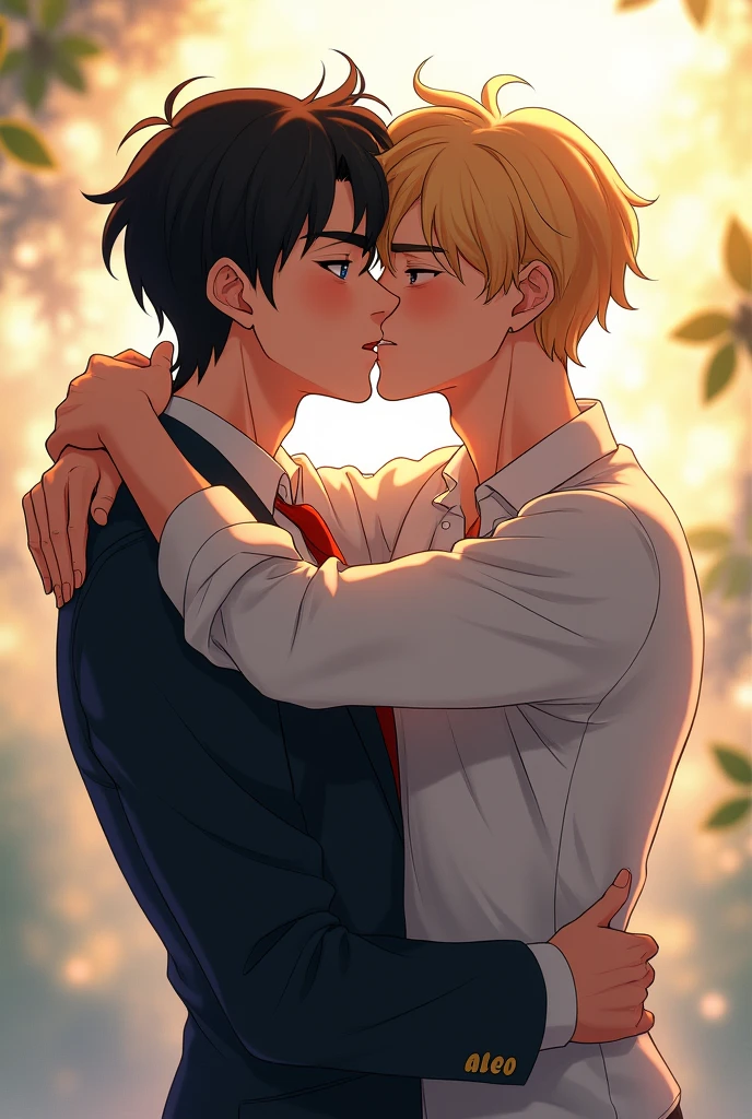 [Bl anime style]
Aleo: Blonde guy, ocean blue eyes.
Julian: Black hair man, Gold eyes, more tall than Aleo, dominant.

They're kissing harder.