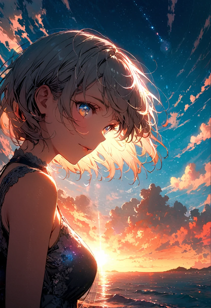 woman, Short flowing silver hair, Eyes of the Universe, Beautiful sky, Beautiful Clouds, In summer,Increased resolution,accessories,