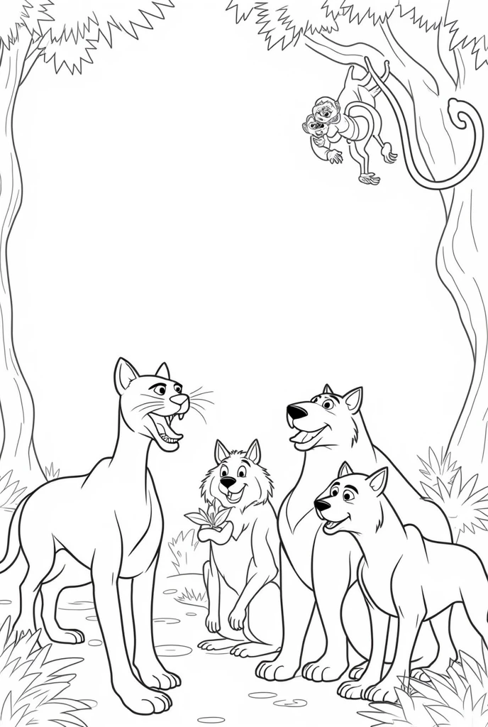 To ask an AI to create a coloring drawing based on the characters of the "Jungle Book", It is important to be very specific in the description to ensure that the drawing includes all the elements you want.. Here is an example of how you could describe the drawing in detail.:
Description of the coloring page:
"I want a detailed, linear black and white drawing to color, inspirado en los personajes del 'Jungle Book'. In the scene, The following characters and elements must appear:
Bagheera: A black panther found in a stalking position, with its curved body, on the left side of the drawing. Bagheera must be on the ground, with a protective and vigilant air.
Baloo: A friendly brown bear, located in the center of the scene, sitting on the floor with a relaxed and smiling expression. Baloo must be holding a branch with leaves.
two wolves: The wolves should be to the right of Baloo, One of them sitting and the other in a standing position. Both should have friendly expressions and be attentive to what is happening..
A snake: The snake should be on the top right, coiled around a high branch of a tree. Must have an intriguing expression, Looking down, where are the other characters.
Monkeys: There must be at least two monkeys hanging from the tree branches at the top of the drawing.. Monkeys should appear playful and moving., with their tails tangled in the branches.
The background should include trees and jungle vegetation., but in a simple way so that it does not compete with the main characters. Make sure the details are clear enough to make it easy to color.."