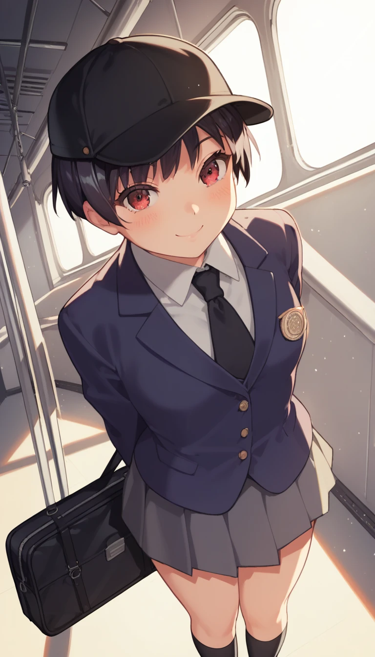 score_9, score_8_up, score_7_up, source_anime, best quality, amazing quality, very aesthetic, 1girl, red eyes, wariza, short hair, pixie cut with layers, black hair, portrait, blazer, starshadowmagician, solo, 1 girl, best perfect anatomy, thin, curvy body, flat breasts, close up shot on person, a girl showing happy, smile, blush, super high angle from below, looking at viewer, Hide your arms behind your back, standing pose, high school, black baseball cap, uniform, blazer, sweater vest, black necktie, gray skirt, black long socks, Wearing a school hand bag, dynamic angle. perfect dynamic composition, foreshortening, night days, volumetric lighting, Detailed background, Cinematic lighting, Sunlight, Waiting train, train station, Stand on the platform,