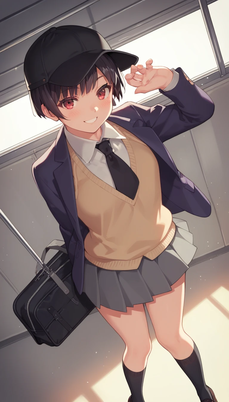 score_9, score_8_up, score_7_up, source_anime, best quality, amazing quality, very aesthetic, 1girl, red eyes, wariza, short hair, pixie cut with layers, black hair, portrait, blazer, starshadowmagician, solo, 1 girl, best perfect anatomy, thin, curvy body, flat breasts, close up shot on person, a girl showing happy, smile, blush, super high angle from below, looking at viewer, Hide your arms behind your back, standing pose, high school, black baseball cap, uniform, blazer, sweater vest, black necktie, gray skirt, black long socks, Wearing a school hand bag, dynamic angle. perfect dynamic composition, foreshortening, night days, volumetric lighting, Detailed background, Cinematic lighting, Sunlight, Waiting train, train station, Stand on the platform,