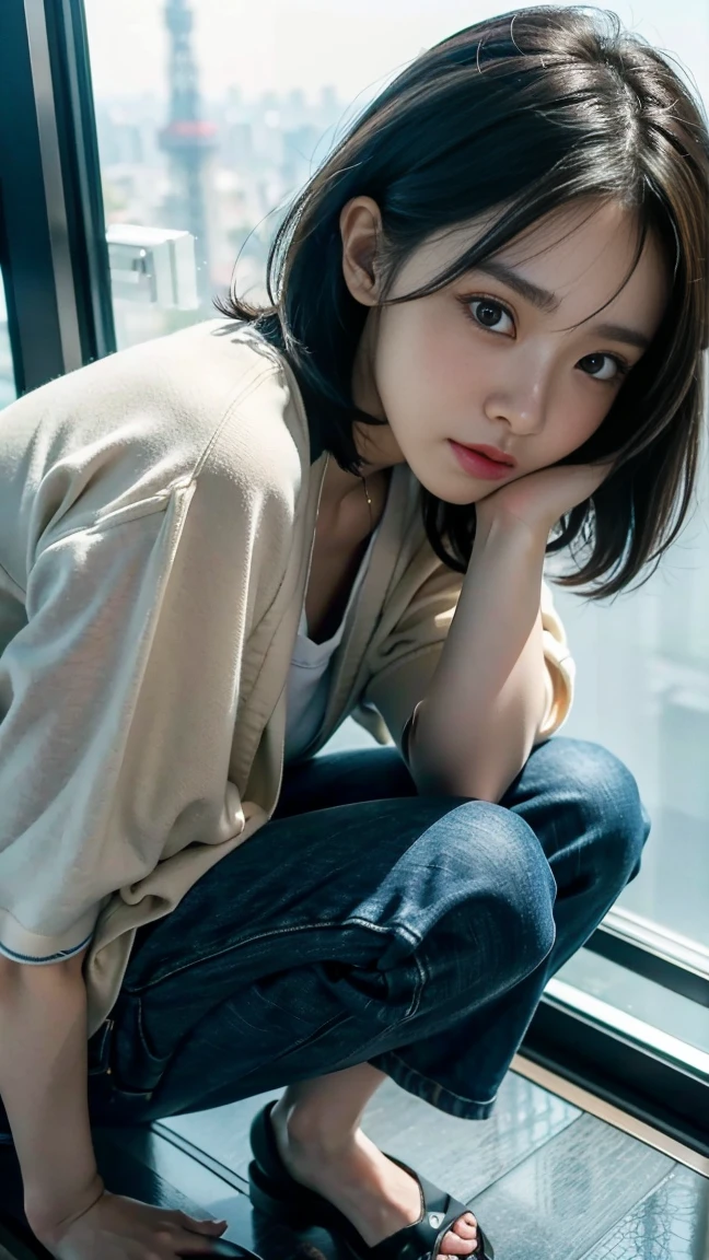 (Inside the Tokyo Skytree observation deck)、((Glass floor))、Magic Mix Real、(RAW Photos:1.2)、(Realistic:1.4)、beautifulディテールの美しさ　Delicate expression、Black Hair Short Hair、((I can see your pants))(Squat bench)　eyelash　beautiful, Subtle details、Large file size、Very detailed、High resolution、Transcendental beauty　Highest quality、masterpiece、、(Japanese women&#39;Fashion))、Very detailed 표현　 growing up、In detail、Very detailed 얼굴 시네마틱 조명、2 、positive、((Dynamic pose)))、(Sit with your knees bent.))、（Short sleeve sweatshirt、Denim skirt、running shoes）、Sexy upward glance、(Crying in panties for the camera))、