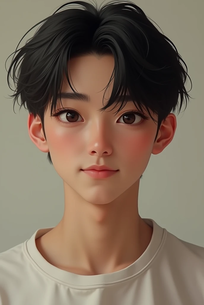 Human. Male, white, black hair, medium thin, black eyes. seventeen years. Boyfriend material. Very real face
