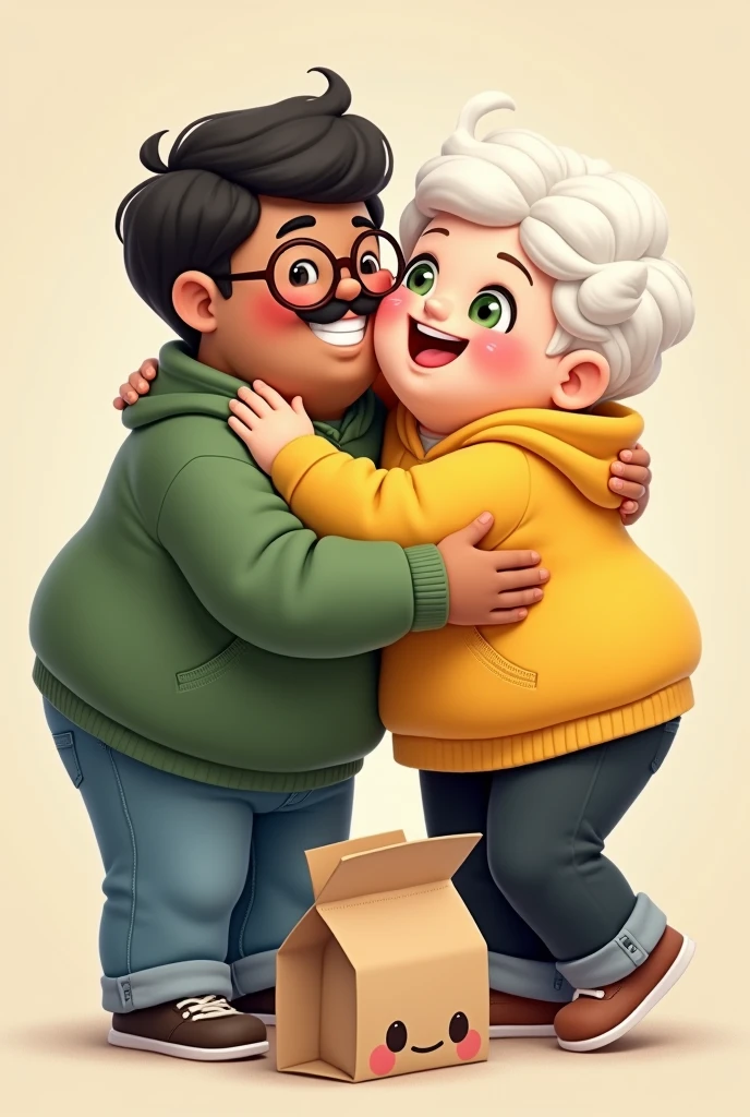 chubby tanned guy with short wavy black hair with a mustache and round brown prescription glasses, green sweatshirt and jeans, hugging a chubby white guy with short wavy white hair, greeneyes, with yellow sweatshirt and black pants,with a beige chibi-style ecobag