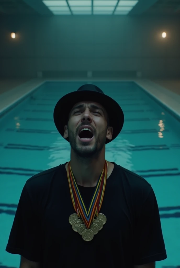 A YouTube thumbnail with a 16:9 aspect ratio with a cinematic atmosphere of a man with glasses, crying for help, wearing a black hat and shirt. He has a necklace with twenty Olympic medals. He is standing in front of an indoor pool. The background includes the pool with clear water, reflecting the gloomy atmosphere. The overall image has dark, soft lighting, highlighting the man's facial features. The “Joel Jota” text is subtly integrated into the scene, ensuring that it does not divert visual focus from the man and the pool.