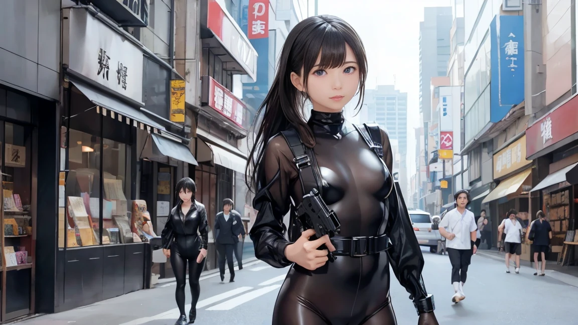 high resolution、High definition、High sensitivity、8k.Japanese、、1、cute、Idol face、Two Side Up Hair、slender、Mid-chest、(black and white high leg bodysuit:1.2)、See-through、Harness Belt、Gun Holder、(POLICE armband:1.3)、Vibrant、(Hold a gun、Firing:1.3)、bustling street、