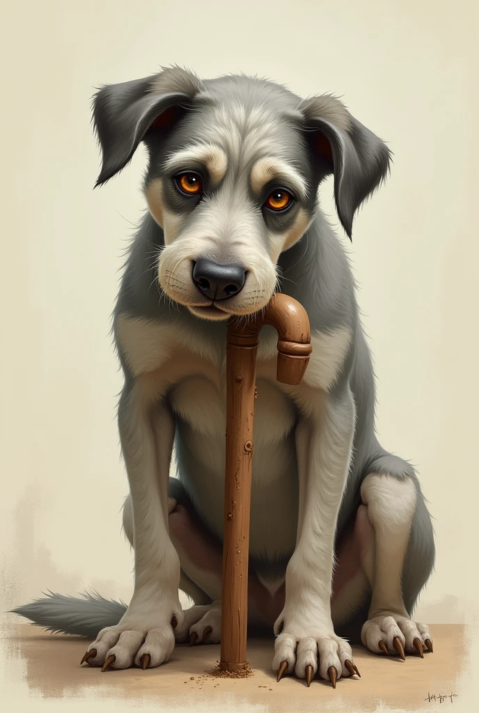 Create a drawing of An Old Dog with a Cane