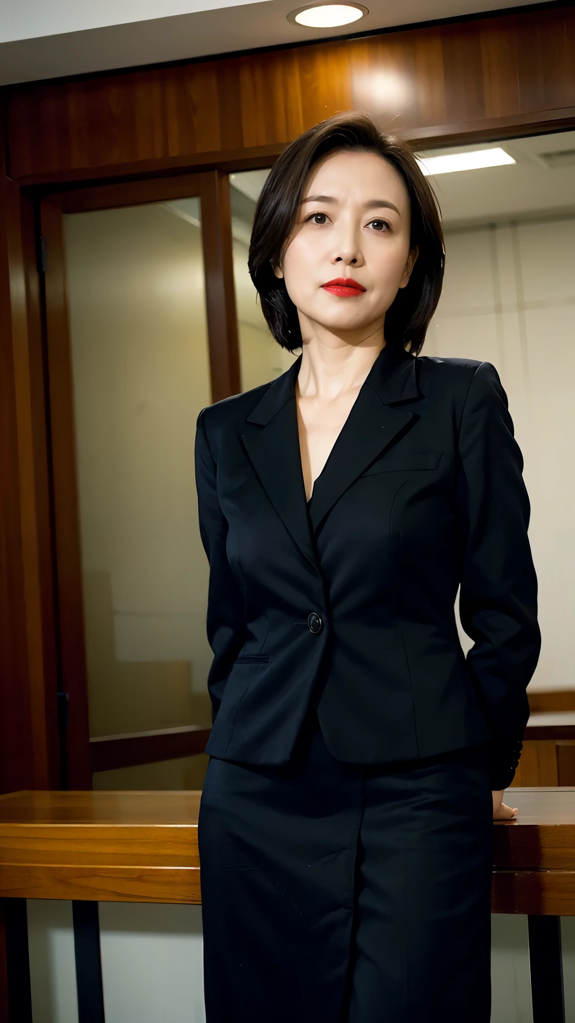 masterpiece, ((Depth of written boundary)), 32K, Beautiful finish, Medium Shot, Dutch Angle, Beautiful mature woman, 6 woman, Photo of your ID, Business operator, director, View from the front, A look of resignation, Cool look, Red lips, Thin lips, suit, Tight Skirt, Light from the front,