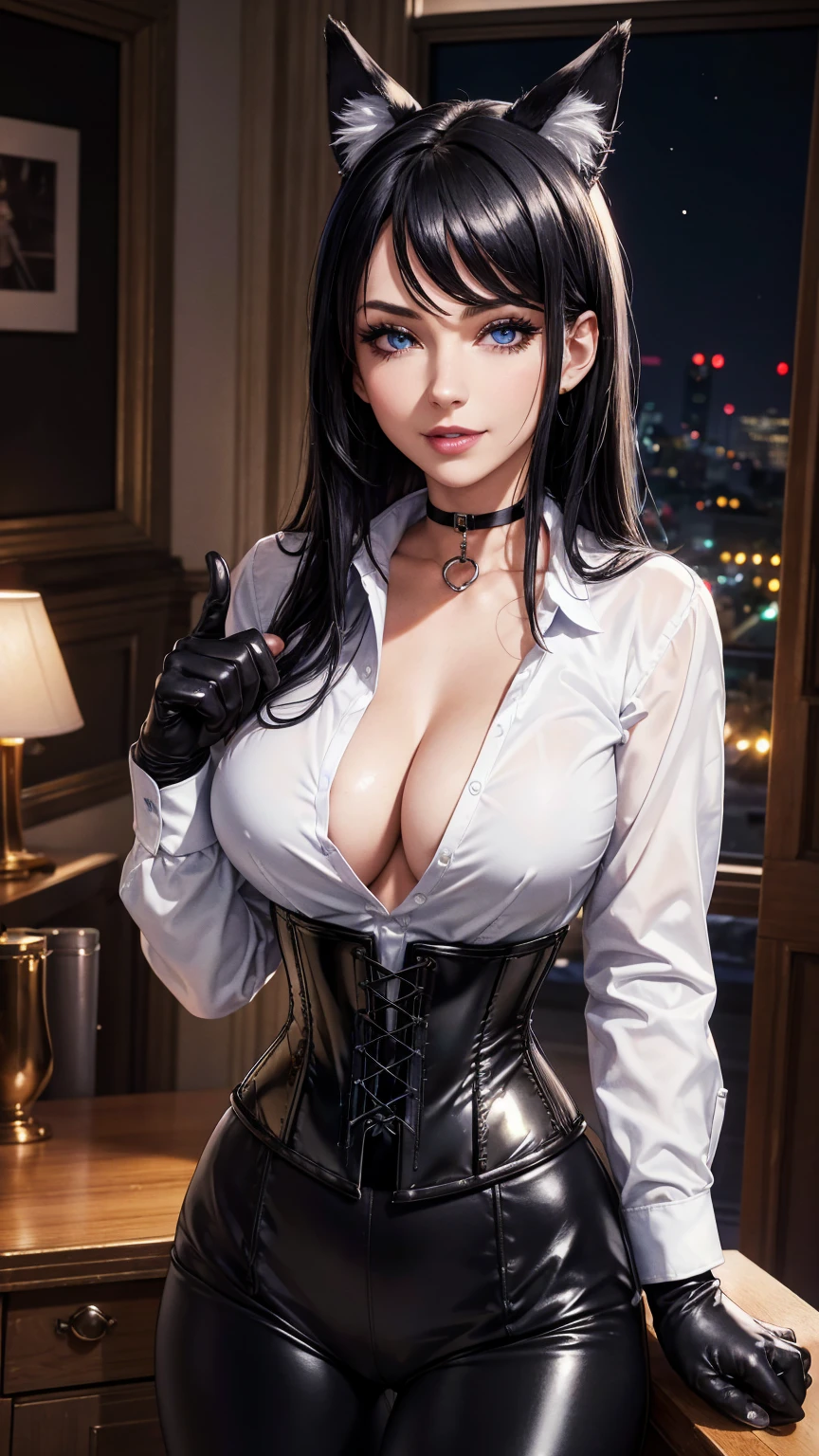 masterpiece, Superior image quality, High resolution, 4k image,photo and gross, photorealistic, whole body, 1 girl, standing, pose sexy, big breasts, beautiful face, wolf ears, long black hair, blue eyes, very detailed eyes, seductive expression, draw smile, choker:1.6, (white long sleeve button down shirt with white collar), black gloves, gloves that cover hands, (black leather corset), (shiny black leggings), Sensual Lips, show details in the eyes, View from the front, Elegant room, at night