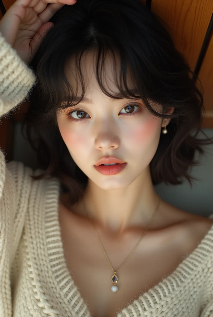 (highest quality, 8K, 32K, masterpiece, UHD:1.2),Photos of cute Japanese women, big breasts, very short bob hair,Upper body,face focus,extra large size_sweater, necklace, simple background, From above, looking at the viewer,
