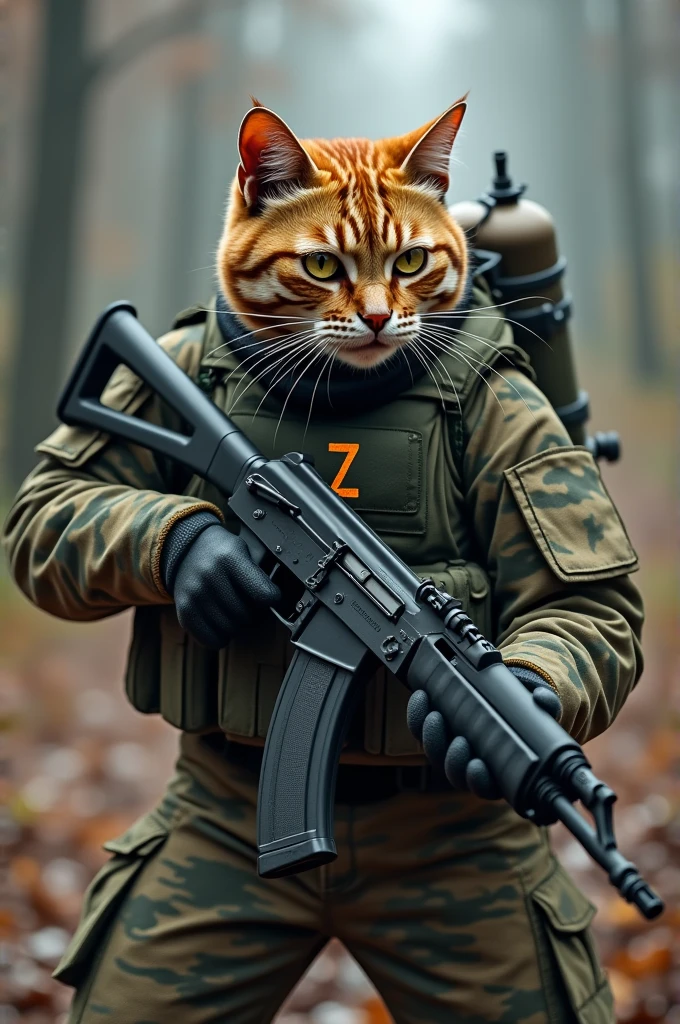 Create a cat fighting against Ukraine, he is wearing Russian camouflage clothing and has an AK in his hand and an RPG on his back, he is wearing a bulletproof vest with the letters Z