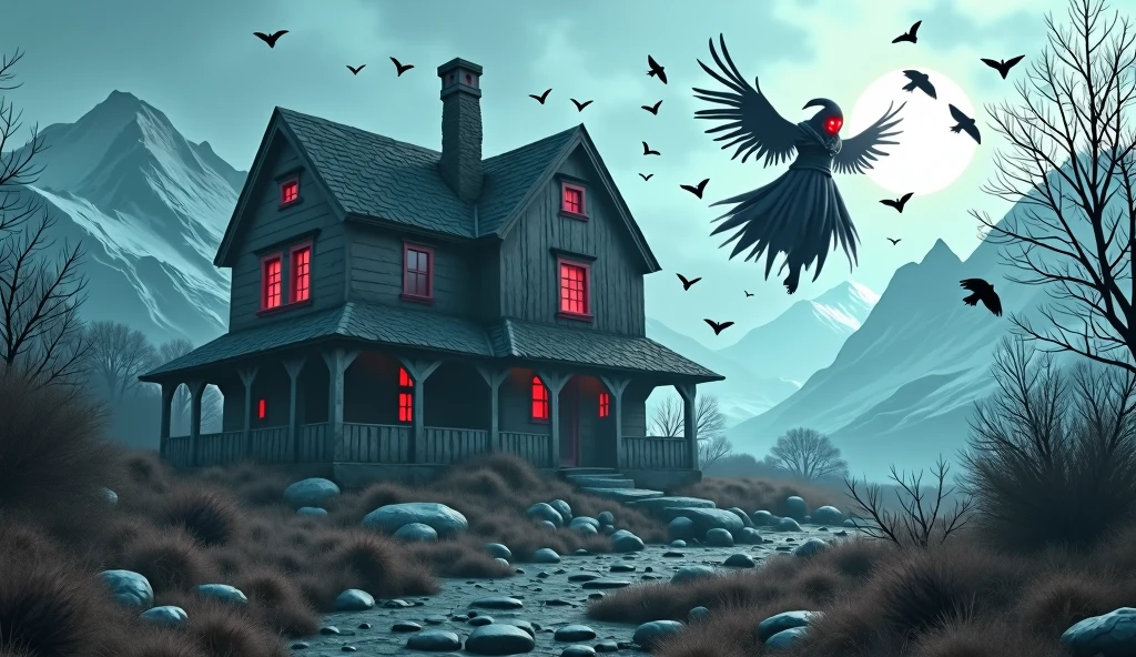 icy peaks，red lighting,Skull eyes glow throughout the ruined house, surrounded by crows，the moon，The evil witch flew through the air，Masterpiece artwork, highest quallity.