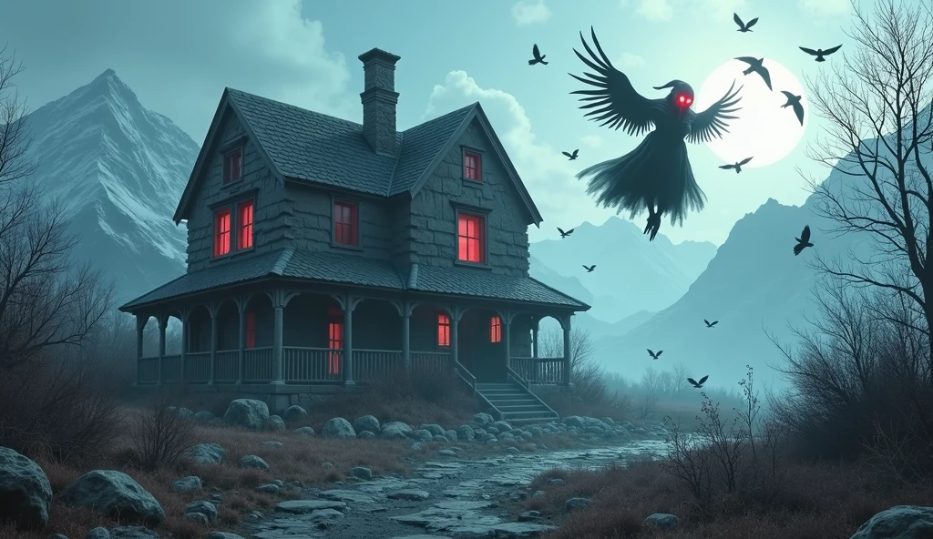 icy peaks,red lighting,Skull eyes glow throughout the ruined house, surrounded by crows,the moon,The evil witch flew through the air,Masterpiece artwork, highest quallity.