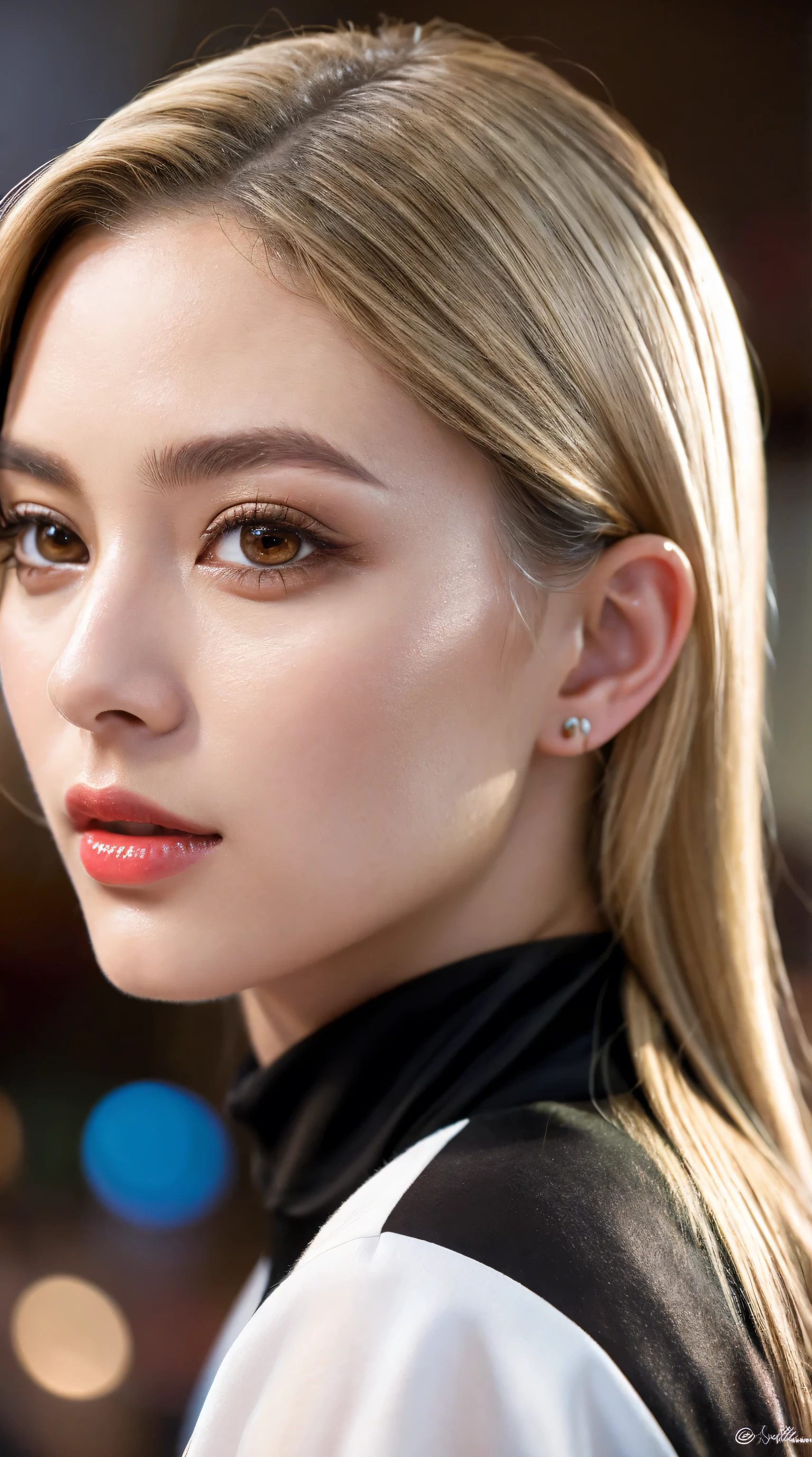 Realism, Realistic, ultra realistic details: velvety skin, blonde short slicked to the side hair, symmetrical lips, light glossy red_lipstick, long blue_eyelashes, pupils, BREAK, Caucasian model of, masterpiece, top quality, raw photo, photorealistic, incredibly ridiculous, beautiful girl, cute, depth of field, high resolution, ultra detail, fine detail, high detailed, sharp pupils, realistic pupils, sharp focus, cinematic lighting , cohesive hairstyle, Blonde, Clean clothing, Face closeup, (clear sharp focus, not blurry, Realistic brown_eyes:1.35), Masterpiece, Realistic skin texture, Ultra detailed, Lustrous hair and skin
