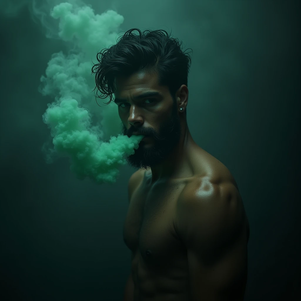 A haunting portrait of a Mediterranean-Native American shirtless fit and muscular male model, his chiseled features. His short, scruffy beard and swept-back black hair are styled in a wild and feral manner, and an air of unease settles over him as thick smoke glowing beryl-hued toxic smoke billows from his mouth as if an invader makes its presence known, mingling with the eerie atmosphere of the black and emerald-hued haze that shrouds the space behind him.
