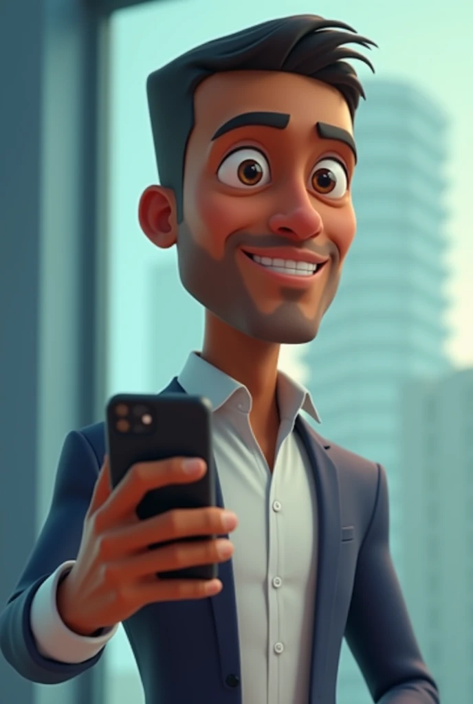 Animated style of a 40 year old person with short hair, Without beard, dark-skinned man holding a cell phone with his hand and arm stretched out to the side
