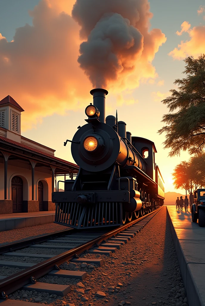 A vintage steam locomotive, probably from the early 20th century, stands on the platform of an old train station in Sobral, Ceará, Brazil. The station is bathed in the warm glow of late afternoon sunlight, casting long shadows across the platform. A few people are gathered on the platform, perhaps waiting for the train to depart. An old Jeep is parked nearby, adding to the nostalgic atmosphere. The sky is painted in shades of orange and pink, creating a beautiful backdrop for the scene.