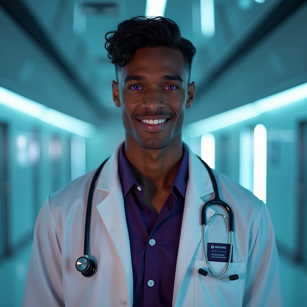 Photograph headshot, hair wavy-curl side parted, very tall French featured male model, shaved, toned body, ebony skin, vibrant purple eyes, tall thin toned body. Gentle smile expression. Doctor coat, dark purple shirt, modern sci-fi hospital office.