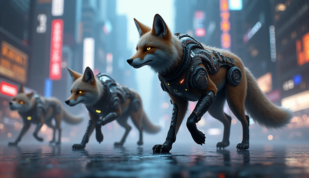DOMINANT FOXES IN A FUTURISTIC URBAN PLACE, WOLVES HIDING